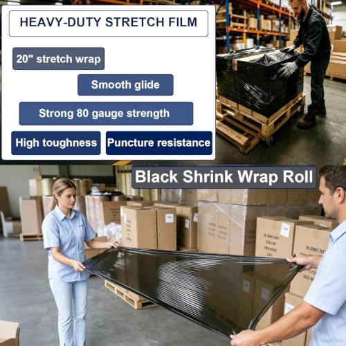 Black Stretch Wrap Film 20" x 820ft 80 Gauge Industrial Strength-4 Pack - color: Black 4 Pack