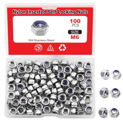 100 Pcs M6 x 1.0mm Nylon Inserted Self Locking Nuts Hex Lock Nuts Assortment 304 Stainless Steel Self Clinching Nut Plain Finish Inserted Hex Lock Nut with Storage Box - size: M6