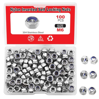 100 Pcs M6 x 1.0mm Nylon Inserted Self Locking Nuts Hex Lock Nuts Assortment 304 Stainless Steel Self Clinching Nut Plain Finish Inserted Hex Lock Nut with Storage Box - size: M6