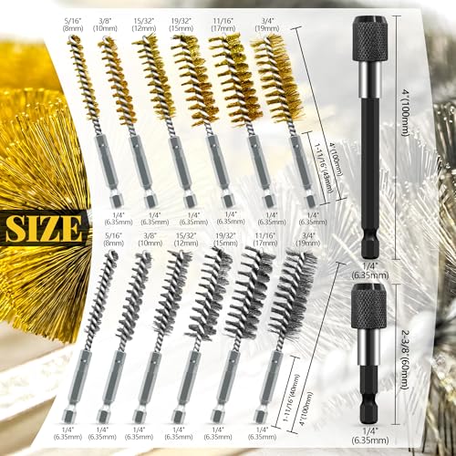 14-Piece Bore Brush Set - 304 Stainless Steel & Brass Drill Wire