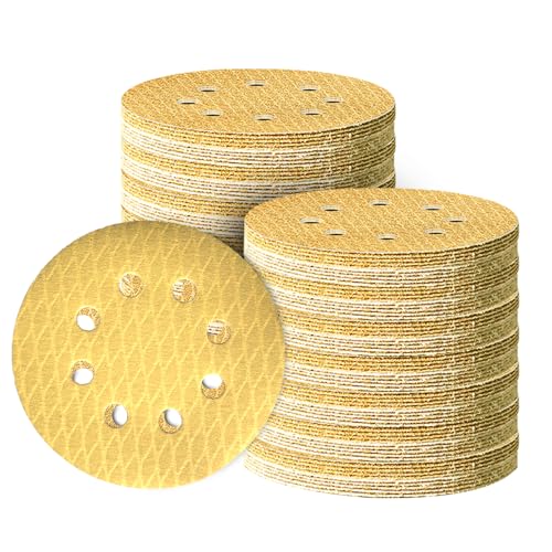 110Pcs 5 Inch Hook and Loop Sanding Discs | 8-Hole Dust-Free, 220 Grits Yellow Diamond | 135G Latex Backing | for Wood/Metal/Auto