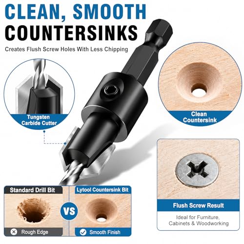 Lytool 17Pcs Wood Countersink Drill Bit Set with Adjustable Depth Stop