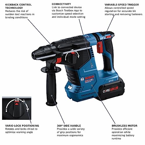 Bosch GBH18V-24CK24 18V Brushless Connected SDS-plus® Bulldog™ 1 In. Rotary Hammer with (2) CORE18V® 8 Ah High Power Batteries - style: Industrial