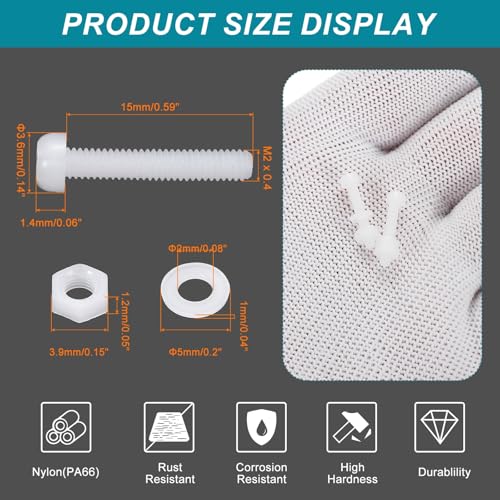 MECCANIXITY 30 Set M2x15mm Nylon PA66 Plastic Cross Round Head Screw Phillips Bolts Hex Nuts Flat Washers Assortment Kit, Metric Full Thread Bolt Fasteners for DIY Machine Assembly, White - color: White, size: M2x15mm