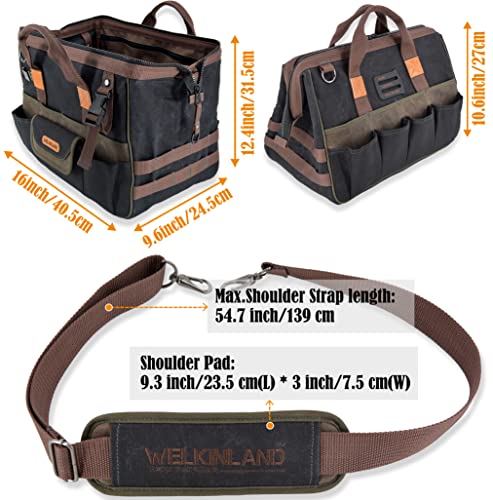 WELKINLAND 32-Pocket Waxed Canvas Tool Bag, 16" HVAC Tool Bag For Men