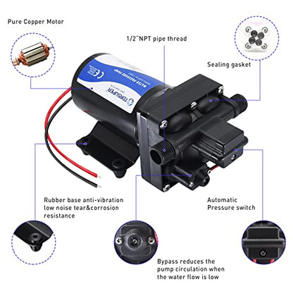 Tdrsuper Water Pressure Booster Pump, 12V DC Water Diaphragm Pump, 5GPM 70PSI with Power Plug, Self Priming RV Water Pump for Home Kitchen Bathroom RV Marine Yacht Garden Hose - style: 12V 5GPM 70PSI
