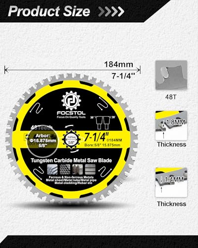 FOCSTOL 7-1/4 Inch Metal Cutting Saw Blade, 48T TCT Carbide Tip for Steel, Stainless Steel, Ferrous Metals, 5/8 Inch Arbor - size: 7-1/4 Inch(184mm)