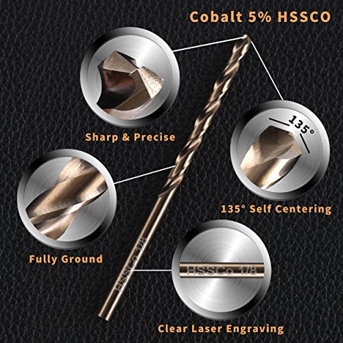(20PCS) 1/8" Cobalt Drill Bit, HSS M35 Metal Drill Bits for Steel, Stainless Steel, Cast Iron, Hard Plastic and Wood - size: 1/8 20PCS Cobalt