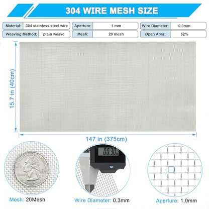 304 Stainless Steel Wire Mesh Screen 20 Mesh, 15.7"x 147", 1mm Hole - size: 15.7"x147"(40x375cm), style: 20Mesh x 0.30mm