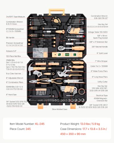 VEVOR 245-Piece Tool Kit, General Home and Auto Repair Tool Set - size: 245-PCS