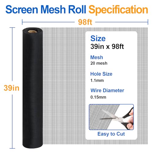 Black 304 Stainless Steel Screen Mesh Roll 39IN x 98FT, Heavy Duty Window Screen Replacement, 20 Mesh Metal Window Screen for Patio Porch Door, Pet Resistant Screen Mesh - size: 39IN x 98FT