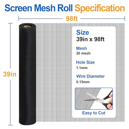 Black 304 Stainless Steel Screen Mesh Roll 39IN x 98FT, Heavy Duty Window Screen Replacement, 20 Mesh Metal Window Screen for Patio Porch Door, Pet Resistant Screen Mesh - size: 39IN x 98FT