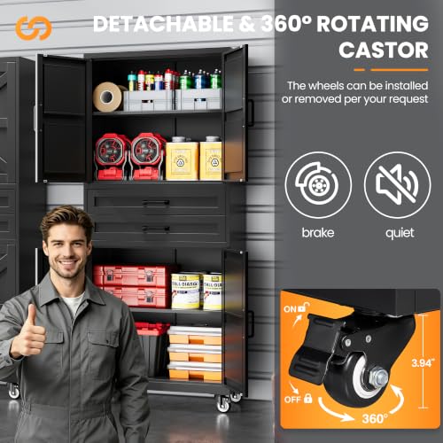 73" Tall Wheeled Garage Cabinet with 2 Drawer, Black Rolling Cabinets - color: Black, size: 73.2"H x 32"W x 16"D