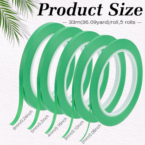BENECREAT 5 Rolls 5 Styles Fine Line Tape, High-Temp PVC Fine Line Fineline Masking Tape, Automotive Paint for Curves Green, 1/13, 1/8, 5/32, 1/5, 1/4 Inch - color: Green