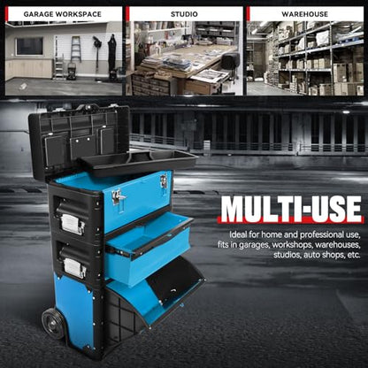 Auto Dynasty 3-Tier Rolling Trolley Tool Box Stackable w/Wheels, 19.5" Blue - color: Blue