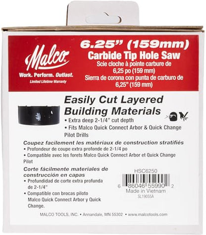 Malco HSC6250 6-1/4" (159 mm) Malco Carbide-Tipped Hole Saw for Stucco, Cement Board, Siding & Nail-Embedded Wood – Heavy-Duty Thick Wall Steel Body