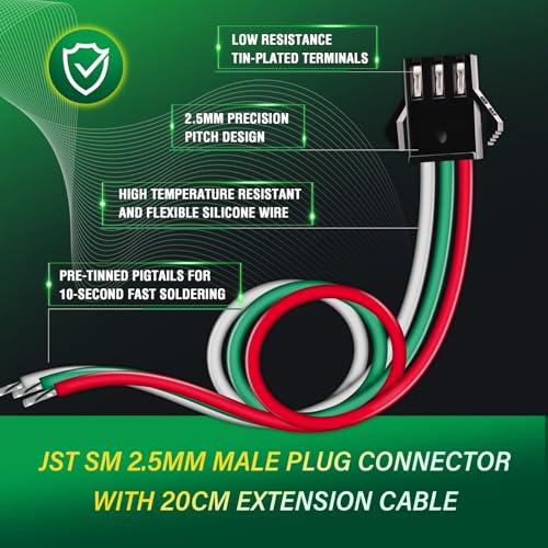 15 Pieces JST SM 2.5mm 3 Pin 20AWG Flexible Silicone Connector Kit - size: 3-Pin, style: JST-SM-M