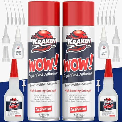 Kraken Bond Wow! CA Glue Set (2x1.75 oz) + Activator Spray (2x6.75 oz) –Super Fast Cyanoacrylate Adhesive Kit for Wood, Plastic, Ceramic, Craft -DIY Repair – 2X Ext. Bottles & 10X Nozzles Inc. 2 Pack - size: Medium Pack