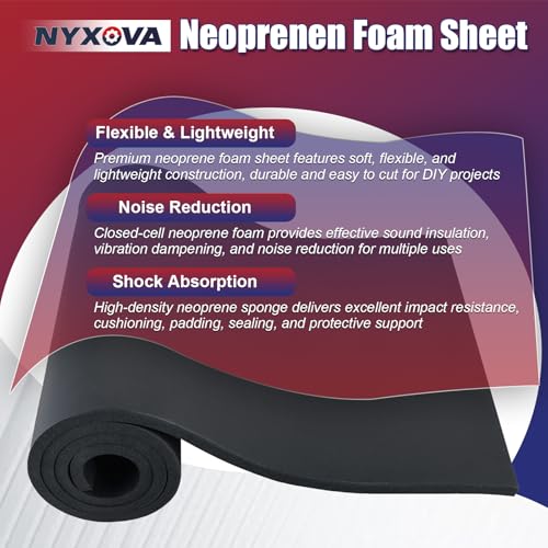 NYXOVA Neoprene Sponge Foam Sheet Roll, Closed Cell Foam Rubber Padding Without Adhesive, Soundproof Insulation, Shock Absorption for DIY, Gaskets, Crafts (1/2" x 17" x 60") - size: 1/2" x 17" x 60"