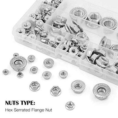 Hilitchi 140-Pcs M3 M4 M5 M6 M8 M10 M12 Hex Flange Nuts Assortment Kit - 304 Stainless Steel - size: 140Pcs Metric Hex Flange Nuts