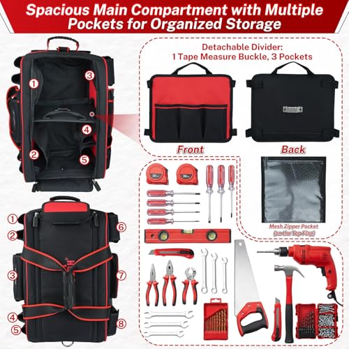 MELOTOUGH Rolling Tool Bag with Wheels, Heavy Duty Large Tool Bag with Concealed Telescoping Handle, Multi-Pocket Organizer for Construction, Electrician, HVAC, Mechanic - 4 Carrying Options (Red) - style: Rolling Tool Bag Only