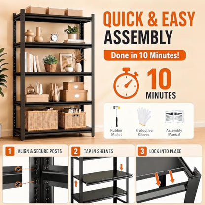Industrial 5 Tier Bookshelf Black Metal Shelving Unit, Sturdy Book Shelf Storage Rack, Heavy Duty Steel Bookcase for Living Room Bedroom Office Kitchen, Free Standing Tiered Shelf Organizer for Books - size: 5Tier-47.2"Wx23.6"Dx77.4