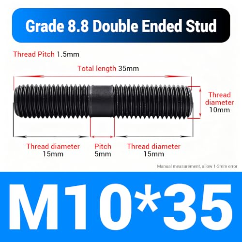 40pcs M10*35mm Double End Threaded Stud, Grade 8.8 Carbon Steel Black Oxide Finish Equal Long Threaded Rod Bar for Furniture Industrial Maintenance Connection Fasteners - size: M10*35-40PCS