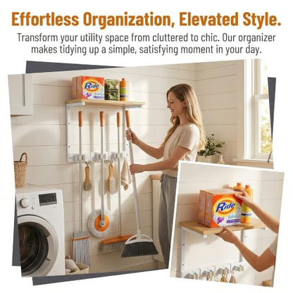 Upgraded Broom Holder Wall Mount with Shelf, Mop and Broom Organizer Wall Hanging, Cleaning Supplies Organizer (small) - size: small