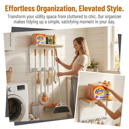 Upgraded Broom Holder Wall Mount with Shelf, Mop and Broom Organizer Wall Hanging, Cleaning Supplies Organizer (small) - size: small