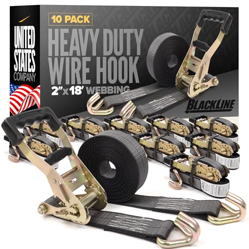 US Cargo Control Blackline Ratchet Straps Heavy Duty (10-Pack), 2 Inch x 18 Foot Black Ratchet Straps with Double J Hooks, 13,000 LBS Break Strength, Heavy Duty Tie Downs for Trucks and Trailers - size: 2" x 18' (Pack of 10)