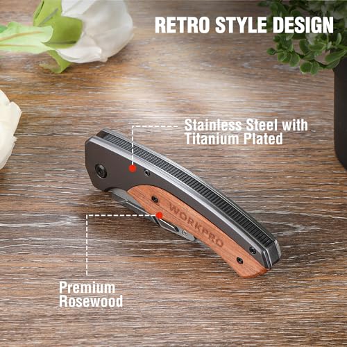 WORKPRO Folding Utility Knife, Wood Handle Razor Knife - style: Utility Knife