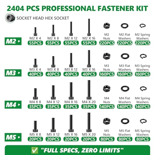 2404 PCS M2 M3 M4 M5 Metric Screw Assortment,Hex Socket Head - size: M2 M3 M4 M5 2404pcs 3