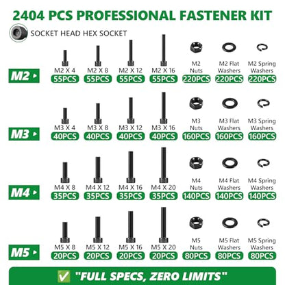 2404 PCS M2 M3 M4 M5 Metric Screw Assortment,Hex Socket Head - size: M2 M3 M4 M5 2404pcs 3