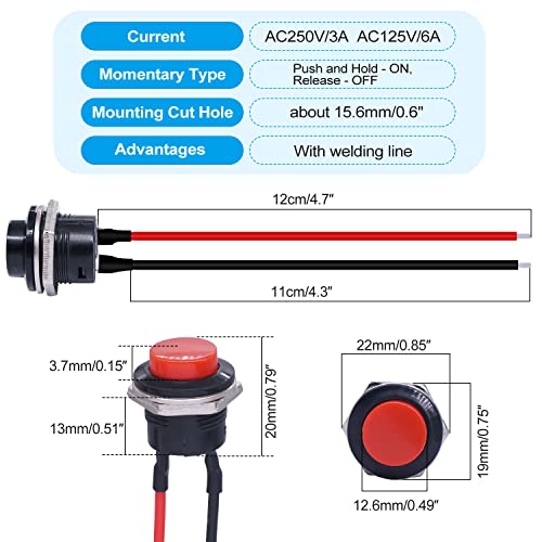 Twidec/6Pcs SPST Momentary Push Button Switch AC250V/3A AC125V/6A Mini Off(ON) ON Black + Red with Pre-soldered Wires R13-507BKR-X - color: Black＆Red-16mm, size: Momentary
