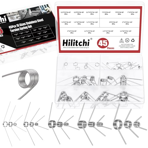 Hilitchi 45PCS Stainless Steel Torsion Spring Tiny Torsion Spring 45/90/120 Degree V-Shape Compression Spring Mechanical Compression Springs Assortment Kit for Repair Tools Woodworking DIY