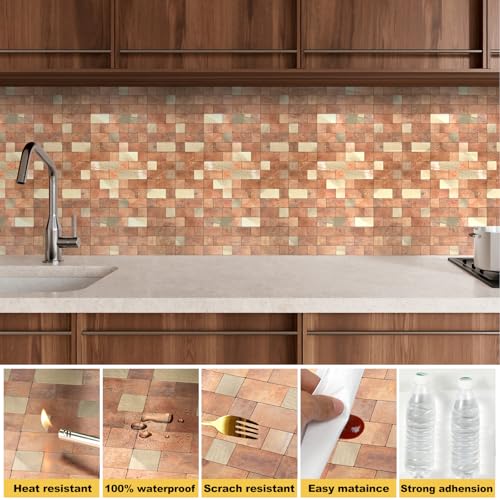 Yipscazo Peel and Stick Backsplash Tile, Stick on Stainless Steel Backsplash Metal Tiles for Kitchen Walls in Copper (12''x12'',10 Sheets) - color: Copper