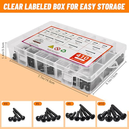410 PSC Stainless Steel Black Screw Assortment Kit - #4#6#8#10 Phillips Pan Head, Self-Tapping for Wood & Metal - size: 410PCS Black