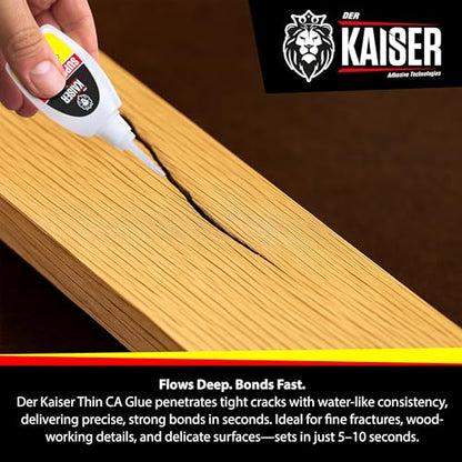 Der Kaiser Thin CA Super Glue (2 oz) – Industrial Grade Cyanoacrylate – 5-10 Sec Cure – Pro Kit with Microtips & Applicators – Wood, Plastic, Metal, Hobby Models, Woodworking, DIY – 2,500-3,500 PSI - size: 2 oz