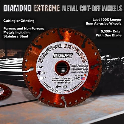 Diamond Extreme 4-1/2 Inch Metal Cutting Diamond Blade, Heavy-Duty Vacuum-Brazed Cut Off Wheel, 7/8"-5/8" Arbor for Rebar, Steel, Stainless Steel, Angle Iron & Sheet Metal (4.5") - size: 4-1/2 Inch