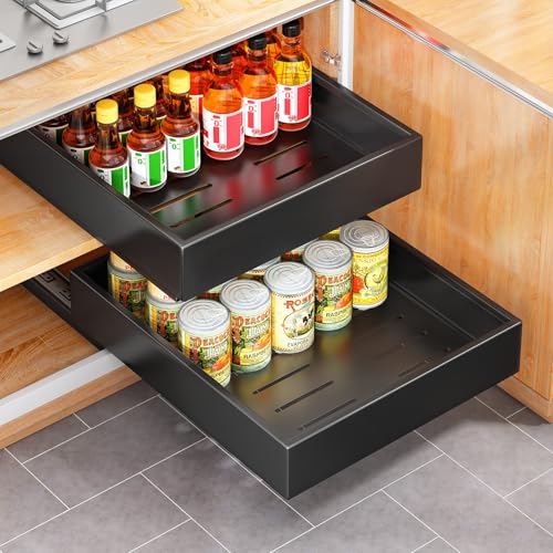 Pull out Cabinet Organizer, 21"Deep, Heavy Duty Full-Extension Slide out Drawers for Kitchen Cabinets with Nano Adhesive, Roll Out Shelf Sliding Cabinet for Pots, Bathroom, Pantry, Under Sink, Black - color: Black, size: 13.8"Wide-21"Deep (1Pack）