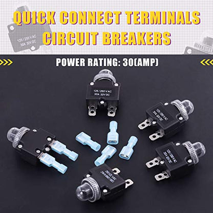 Swpeet 30Pcs 30Amp Thermal Circuit Breaker with Quick Connect Terminals and Waterproof Button Caps Assortment Kit,Waterproof Push Button Circuit Breaker 32V DC 125/250VAC 50/60Hz for Switch Operation - style: 30Amp