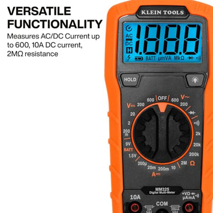 Klein Tools 80196 Digital Multimeter Kit with Case, Manual-Ranging 600V AC/DC Voltage Tester, Tests Batteries, Current, Resistance, Diodes, and Continuity, Protective Carrying Case - size: Manual-Ranging with Case
