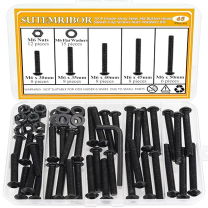 M6 Screws, Nuts & Washers Set - 65 Pieces, 30/35/40/45/50mm, Black, 10.9 Grade Alloy Steel, Fully Threaded - size: M6 Long Screws Kit, style: Button Head