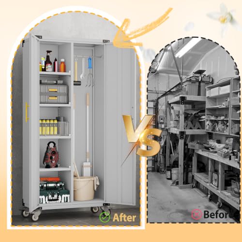 pozdeg 71" Rolling Lockable Metal Broom Closet Storage Cabinet, Grey White - color: Grey White, size: 15.7"D x 31.5"W x 71"H