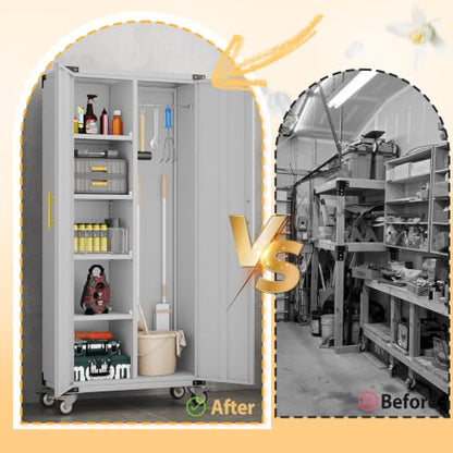 pozdeg 71" Rolling Lockable Metal Broom Closet Storage Cabinet, Grey White - color: Grey White, size: 15.7"D x 31.5"W x 71"H