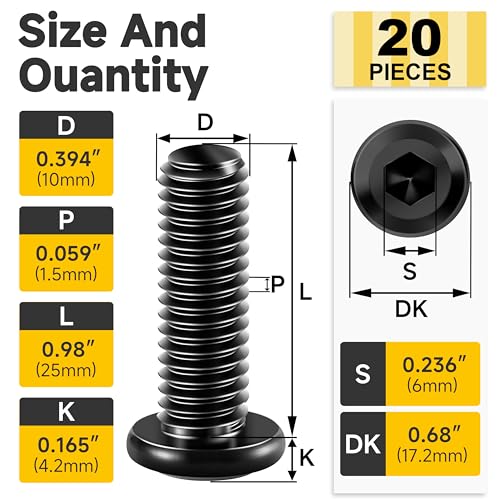 Mywish M10 x 25mm 20Pcs Flat Head Hex Socket Cap Screws Bolts, 304 Stainless Steel Furniture Bolts Full Thread & Hex Spanner, Black Oxide - color: Black-M10, size: 25mm