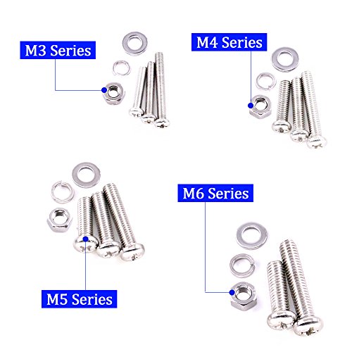 Glarks 665Pcs M3 M4 M5 M6 Stainless Steel Phillips Pan Head Screws Bolts Nuts and Flat Gasket Spring Washers Assortment Kit - style: Pan head screws