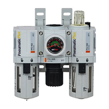 PneumaticPlus PPC2-N02G Mini Compressed Air Filter Regulator Lubricator Combo 1/4" NPT - Poly Bowl, Manual Drain, Embedded Gauge