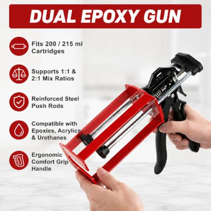 Epoxy Gun Dual Cartridge 200 ml / 215 ml (1:1 & 2:1), Manual 2 Part Epoxy Gun for Panel Bonding, Structural, Fillers, Plastic Repair, Red