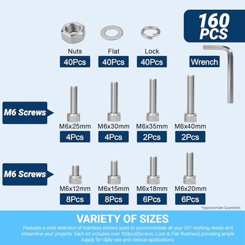160Pcs M6 Hex Socket Head Screw Kit with Nuts Flat Lock Washers - color: 160pcs M6
